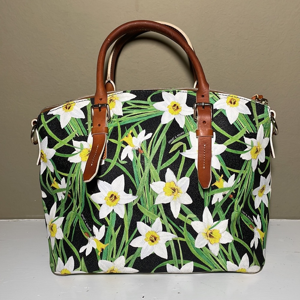 Dooney & Bourke Floral Daffodil Satchel with Brown Leather Handles - Picture 2 of 13